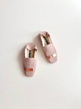 NWOB SERGIO ROSSI SR1 Pink Suede Shearling Slip On Slipper Loafer Flats, Size 35